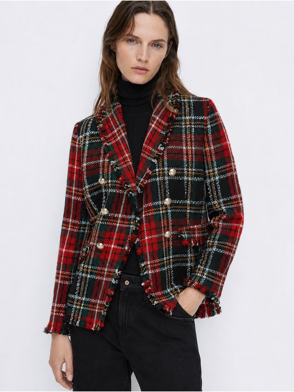 Zara Plaid Tweed Double Breasted Fringe Blazer Jacket Red Tartan XL